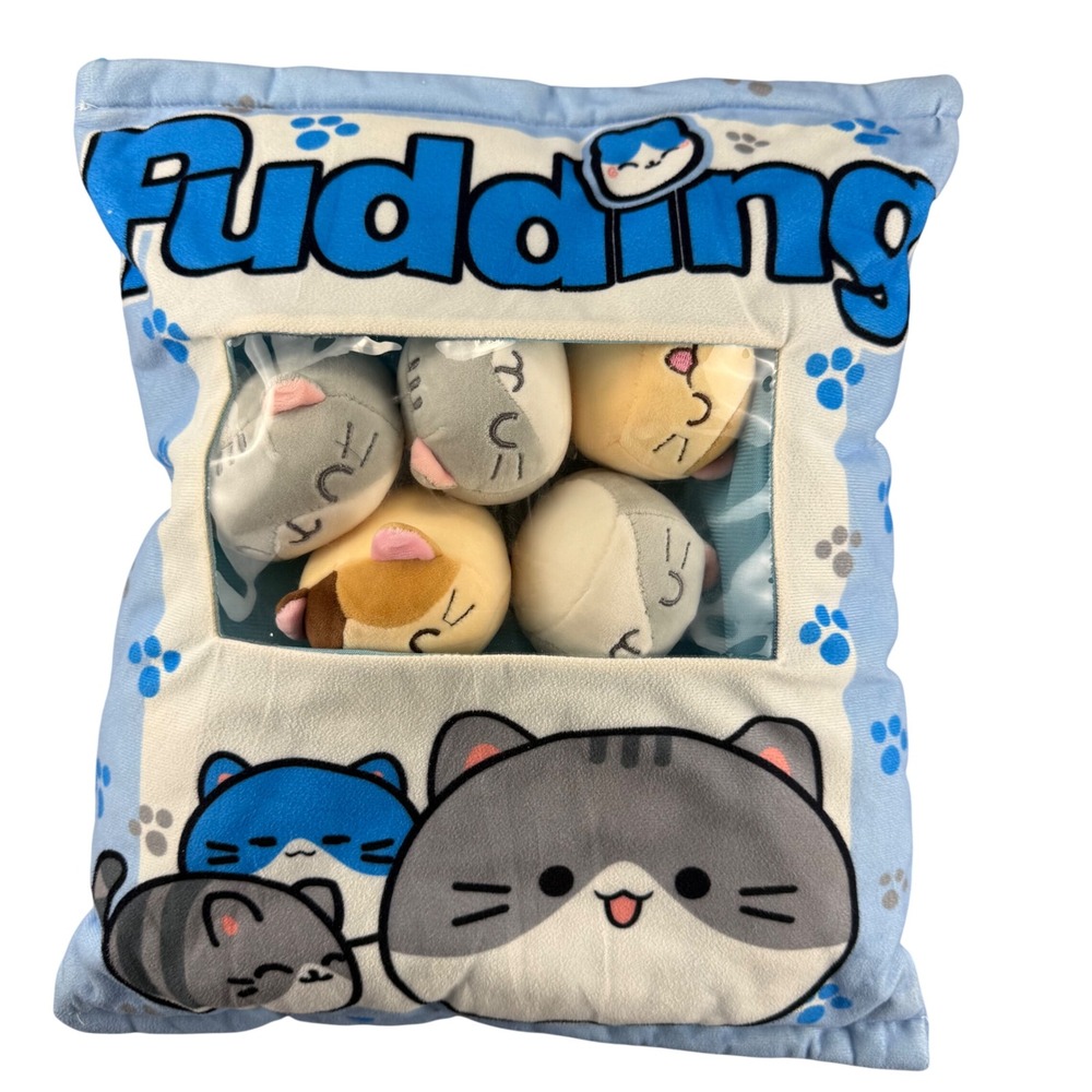 Pudding Cat Snack Bag Plush Pillow Blue with 5 Removable Mini Kittens Kawaii Toy